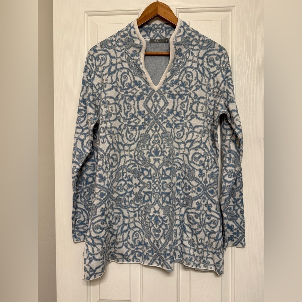MFH Knit Women’s Sweater Geometric Pattern 100% Pima Cotton Blue & Cream Size XL
